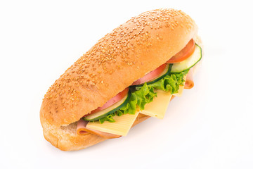 Sandwich with ham and cheese isolated on a white background