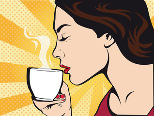Girl with Cup of coffee pop art retro style. Restaurants and coffee shops. A hot beverage. Courage love and care.