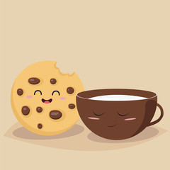 Funny cookie with a cup of milk. Friends forever. Breakfast. Funny food