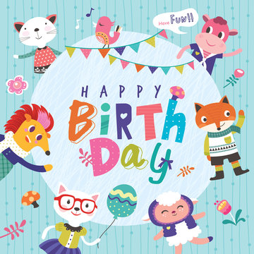 Birthday greeting card with cute cartoon animals