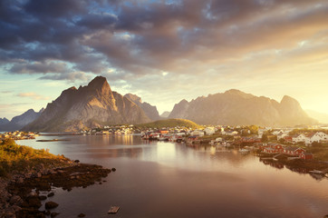 summer sunrise, Reine Village, Lofoten Islands, Norway - obrazy, fototapety, plakaty
