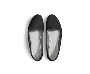 Black blank women shoes mockup stand isolated, top view, clipping path. Female ballet foot wear design mock up with clear insole. Clean lady footwear template wth flat slip. Dance girls shoe display.