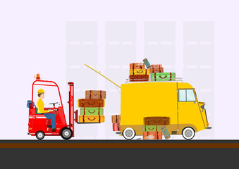 Retro forklift and van with suitcases. Flat vector