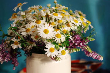 Bouquet of field camomiles. Spring meadow flowers in a jug
