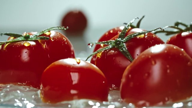 Closeup of fresh ripe tomatoes tossed up by splash of clean water