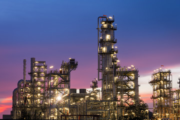Oil Refinery factory at twilight , petrochemical plant , Petroleum , Chemical Industry..