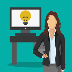 flat design business woman with desk and laptop with lightbulb on screen office related items vector illustration 