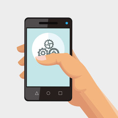 flat design hand holding cellphone with gears on screen office related items icon vector illustration