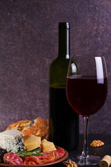 Red wine with blue cheese, parmesan, salami, prosciutto, olives, rosemary and bread