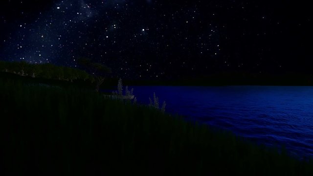 Boat on lake and mountain range, time lapse starry sky