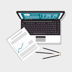 flat design laptop with graph chart on screen and paper documents office related items icon vector illustration