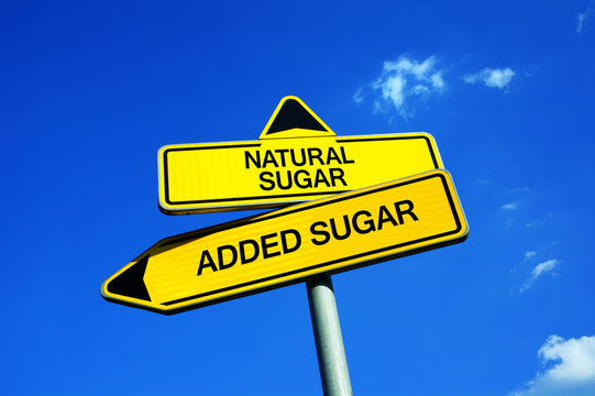 Natural Sugar or Added Sugar - Traffic sign with two options - dilemma about sweetness, unprocessed food vs refined ingredients. Question of healthy and unhealthy nourishment