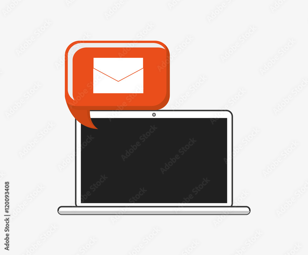 Poster flat design laptop with message envelope inside thought or conversation bubble telecommunication rel