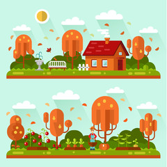 Flat design vector autumn landscape illustrations with house, bench, leaf fall, sun. Garden with beds of carrots, tomatoes, gardener. Farming, agricultural, harvest concept.