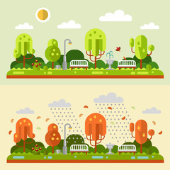 Flat design vector nature summer and autumn landscapes illustrations of park. Including bench, lantern, fountain, rain, puddle, birds, leaf fall, trees, bush with flowers, sun.