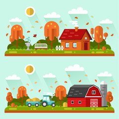 Fototapeta na wymiar Flat design vector autumn landscape illustrations with farm building, house, bench, fountain or drinking bowls for birds, leaf fall, tractor. Farming, agricultural, harvest concept.