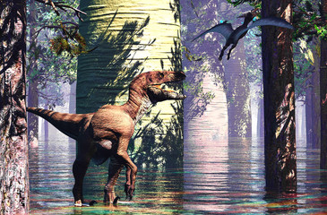 Velociraptor and pterodactyl 3d rendering © satori