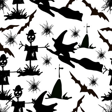Halloween. Hand drawn seamless pattern. Flying witch on a broomstick on Halloween night.