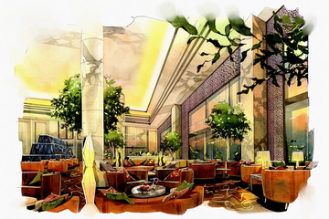 sketch interior lobby lounge into a watercolor on paper.