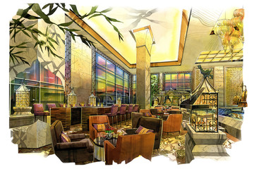 sketch interior lobby lounge into a watercolor on paper.