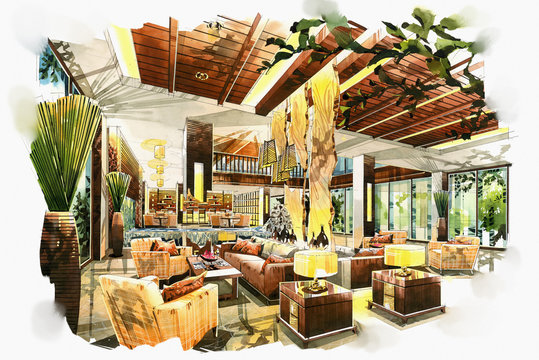 sketch interior lobby lounge into a watercolor on paper.