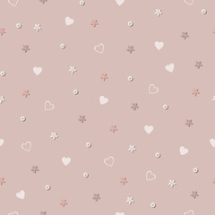 Lilac background with hearts and flowers.Pink seampless pattern