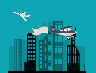 Obraz premium airplane and advertising banner over city vector illustration 