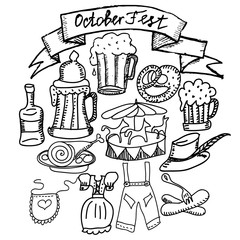 Oktoberfest themed vector set. Bavarian costumes - drindl and lederhosen,carousel, schnapps, pretzel, bratwurst sausage, beer. Hand drawn sketches. Monochrome illustration.
