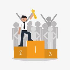 flat design businessman holding trophy on top of podiu, with crowd in the background icon vector illustration