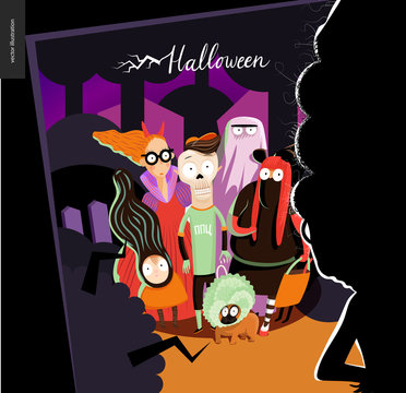 Happy Halloween greeting card with lettering. Vector cartoon illustrated group of kids wearing Halloween costumes and a french bulldog, scared by old lady opened the door.