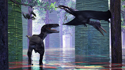 Velociraptor and pterodactyl 3d rendering © satori