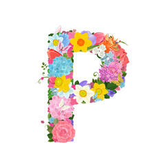 Fashion alphabet from lovely flowers of daffodils, roses, tulips