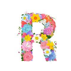 Fashion alphabet from lovely flowers of daffodils, roses, tulips