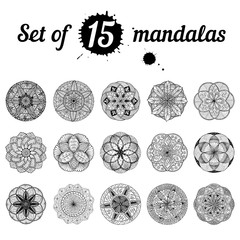 Ser of 15 hand drawn mandalas. Pattern for coloring book. Meditative anti-stress therapy, yoga symbol. Vector.