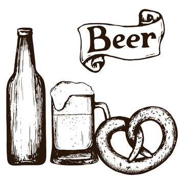 Set of beer items - glass, bottle, pretzel. Hand drawn vintage illustration. Vector