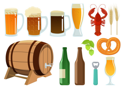 Set of beer glasses, bottle and snack icons. Vector stock illustration.