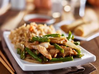 chinese greenbean and chicken stir fry with fried rice