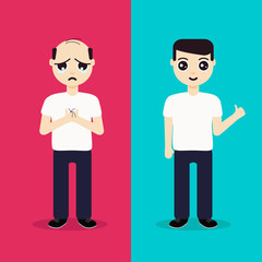 Unhappy man with alopecia becomes a happy man after hair regeneration. Before and after hair treatment and hair transplantation. Perfect for hair clinics and diagnostic centers. Vector illustration.