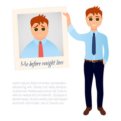 Slim man in good shape showing his old photo before weight loss. Obesity versus perfect body symbol. Successful diet and weight loss concept. Cartoon characters. Vector illustration.