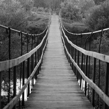 Fototapeta  Suspended wooden bridge in black and white