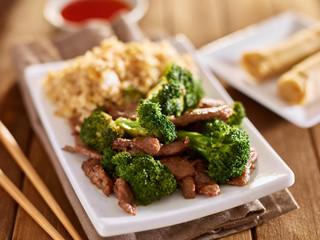 chinese beef and broccoli stir fry with fried rice