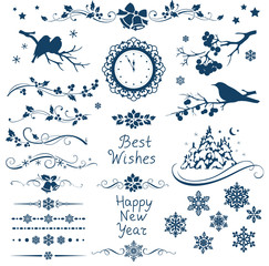 Vector set of New Year calligraphic elements and ornaments for page decor. Christmas decorations. 