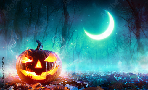 Fiery Pumpkin In A Haunted Forest In The Moonlight