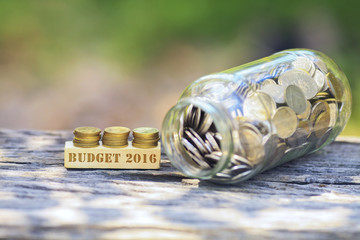 Business Concept -BUDGET 2016 WORD Golden coin stacked with wood