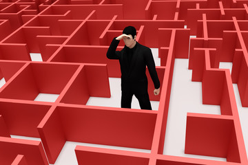 Men looking for a way out of the maze, 3D-Illustration