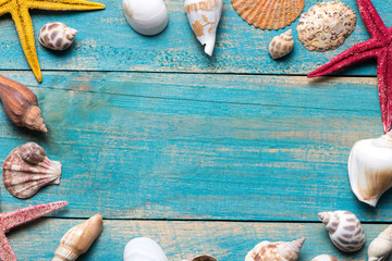Shells and starfishes on blue wooden background. Copy space for