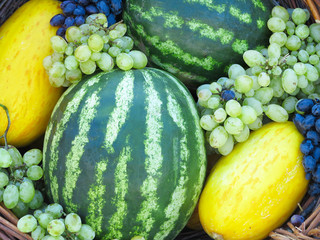 fruit basket with melon, watermelon grapes,on straw
