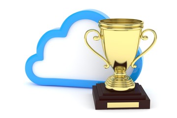 Isoalted golden cup with cloud on white background. Blue contour cloud. Concept of cloud storage competition. Leader cloud drive. Best storage contest. 3D rendering.