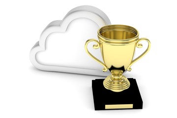 Isoalted golden cup with cloud on white background. Concept of cloud storage competition. Leader cloud drive. Best storage contest. 3D rendering.