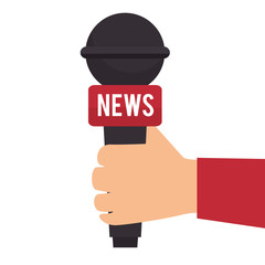 hand holding a microphone for news journalist. audio and technology device. vector illustration